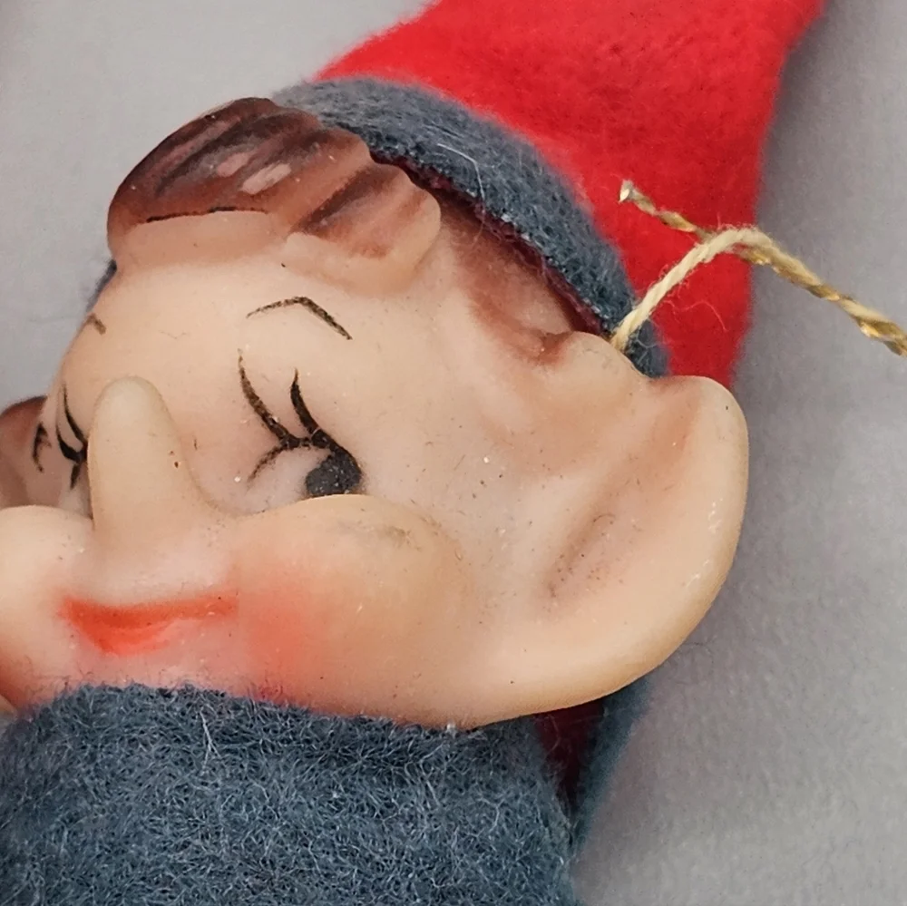 Knee Hugger Elf Pixie Vtg Lot Christmas Ornaments Molded Face Red 1950s MCM Flaw